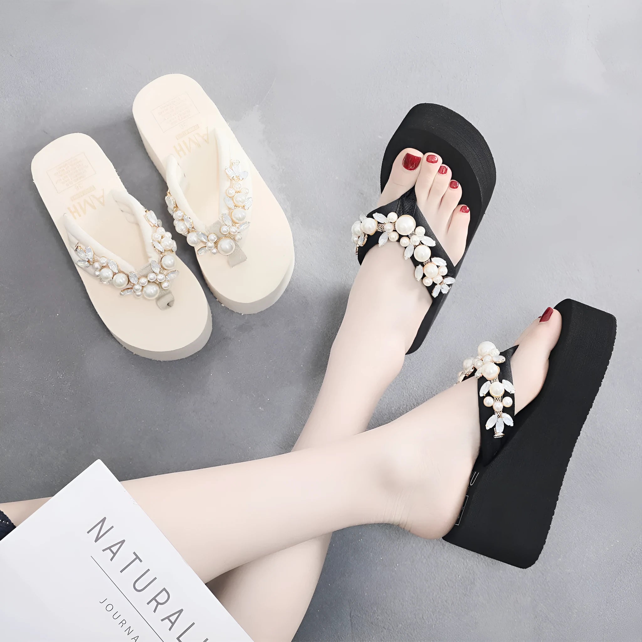 Women's high-heeled flip-flops sandals in beige with cotton cloth upper and adjustable strap.