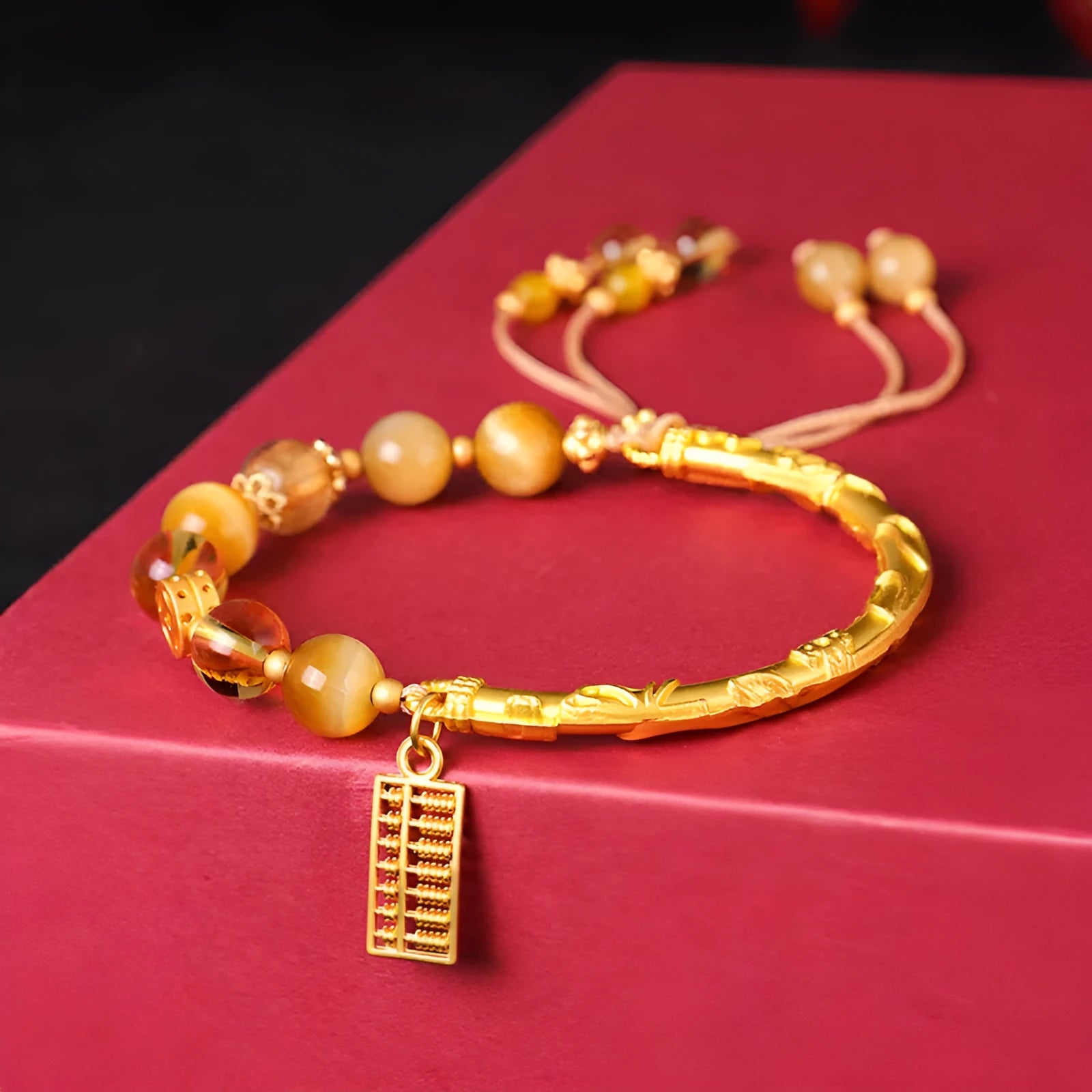 Abacus tag bracelet with tigereye citrine gemstone beads and diamond copper charms