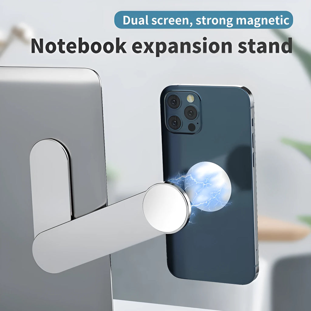 Silver aluminium alloy dual screen extension bracket with magnetic phone holder for desktop