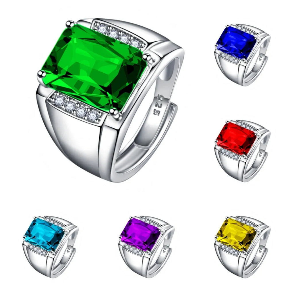 Adjustable geometric copper ring with coloured rhinestones in amethyst, blue, red, or yellow.