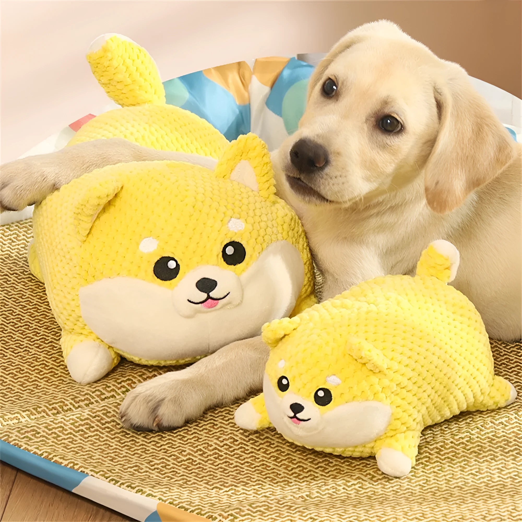 Plush dog calming toy with squeaker for puppies, available in large and medium bite-resistant options