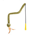 Green cat teasing stick toy with feather lure on 140cm flexible pole for interactive play