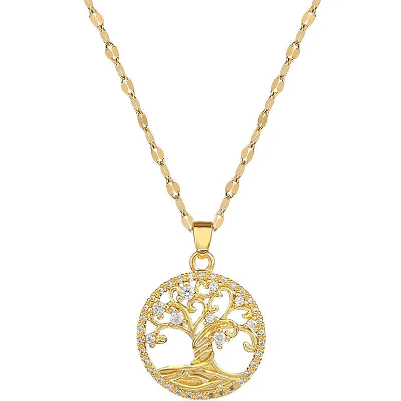 Gold-plated adjustable necklace with a detailed rhinestone and mother-of-pearl lucky tree light pendant.