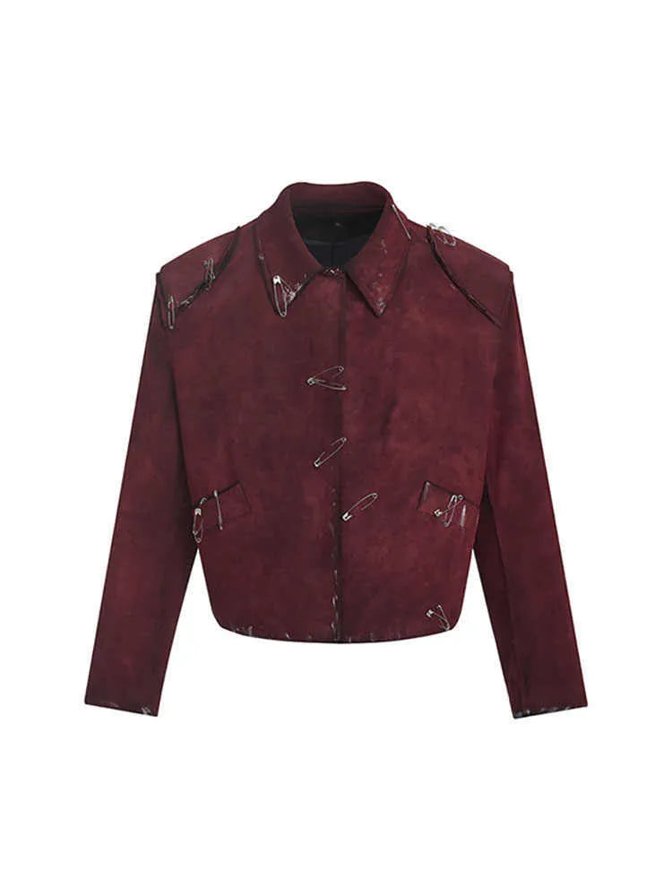 Red men's thick quilted decorative jacket with lapel collar shown in a loose fit style.