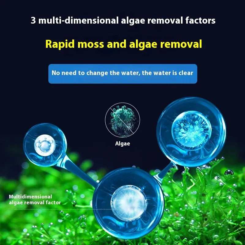 Bottle of eco-friendly algaecide for fish tanks and ponds, labelled for green algae removal and antibacterial use.