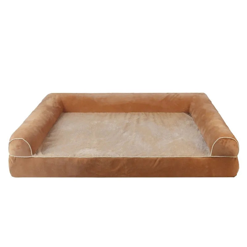 Square sponge dog bed in blue cloth, showing its raised breathable design on a wooden floor.