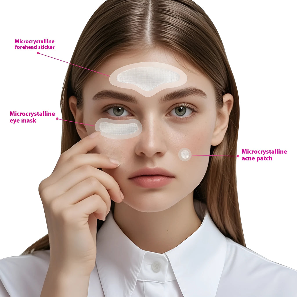 Transparent hydrocolloid acne patch stickers on skin for pimple treatment.