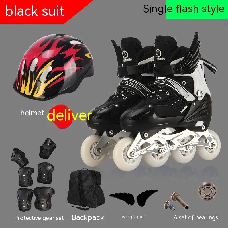 Children's adjustable skating shoes with aluminium frame, PU foam wheels, and complete protective gear set
