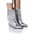 Women's black chunky heel tassel boots with stiletto heels above 8cm and pointed toes