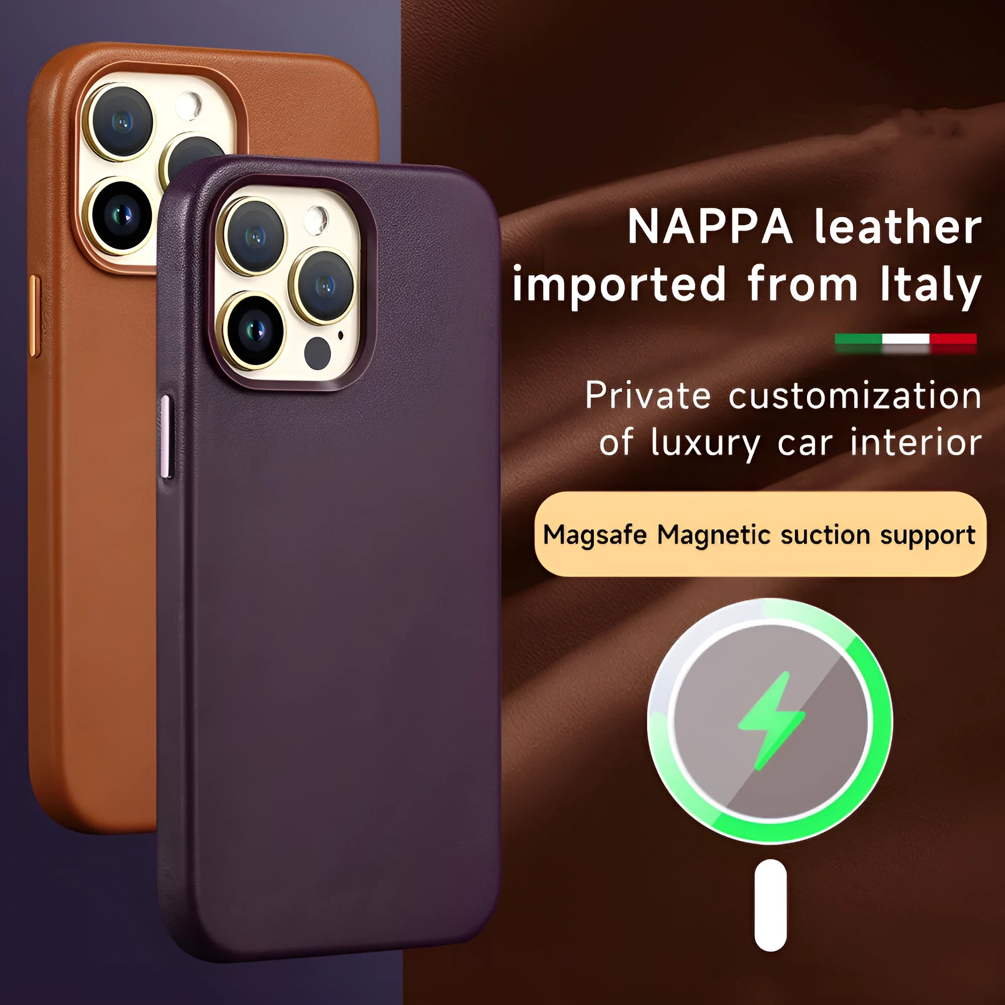 Berry Purple genuine leather magnetic phone case for iPhone 14 Pro Max showing magnetic ring
