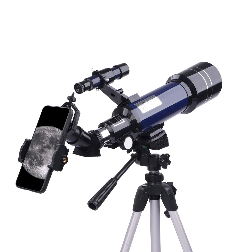 Dark blue children's astronomical telescope with monocular eyepiece on a tripod.