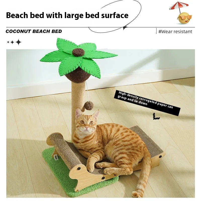 Wooden beach chair style cat climbing frame with a built-in hemp mat scratching post and raised bed.