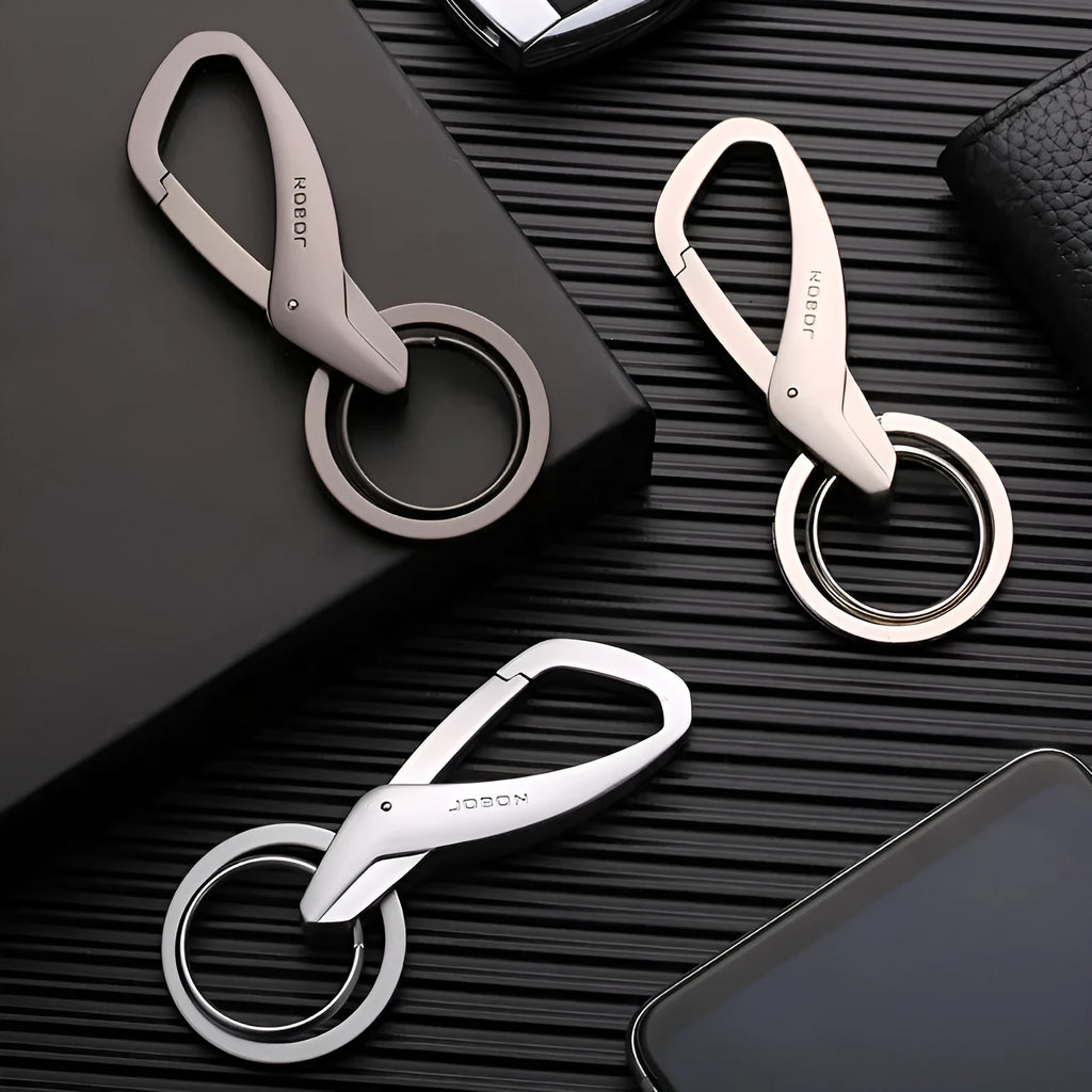 Zinc alloy double ring key holder with waist clip in black, chrome, and nickel finishes.