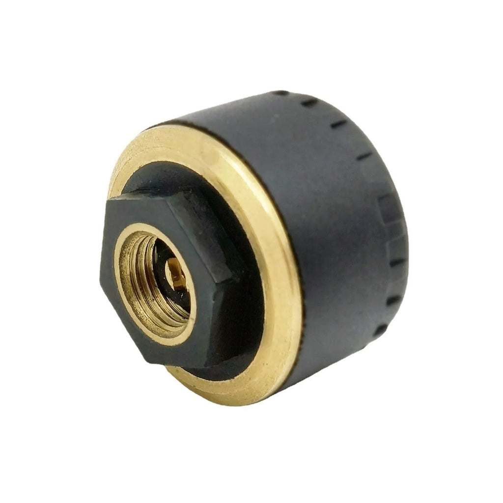 Four black Bluetooth tyre pressure sensors for car with mobile phone display showing pressure readings