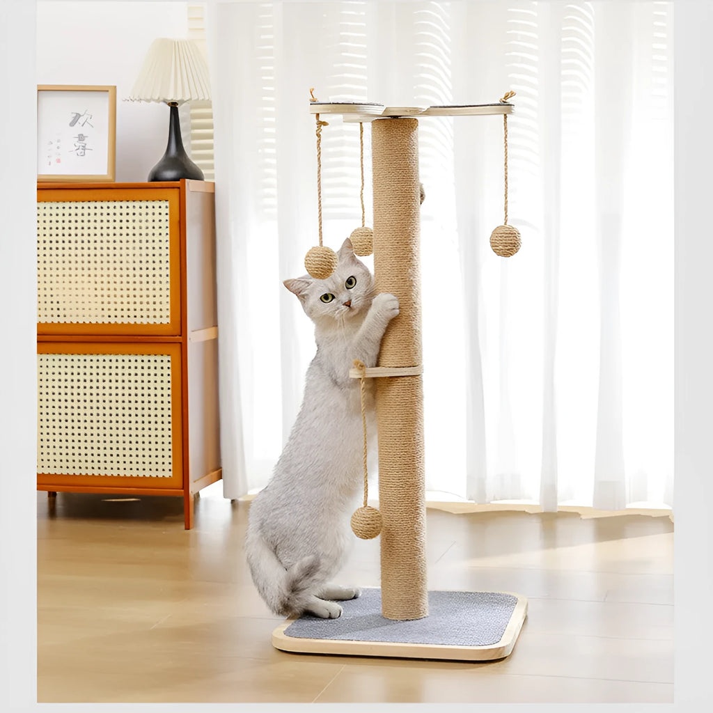 Simple modern cat climbing frame with a scratch-resistant hanging ball, made from pine wood and carpet leather.