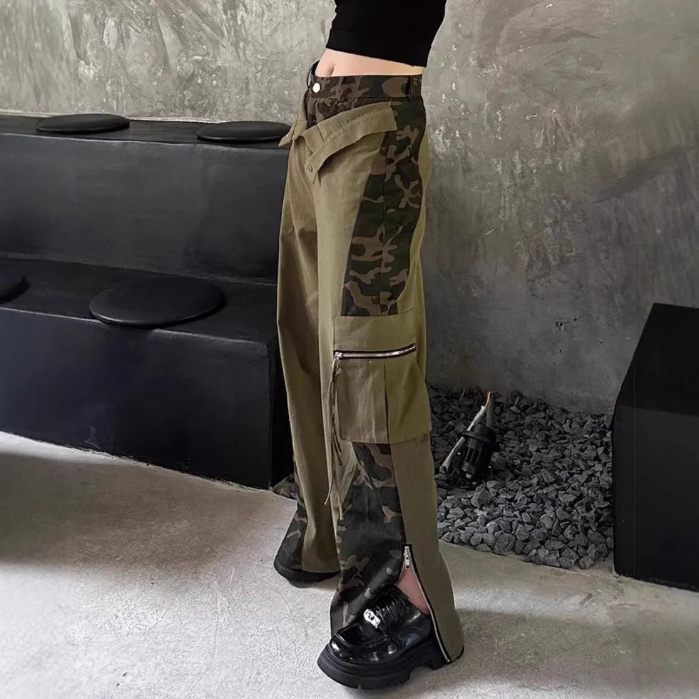 Women's dark khaki leopard print jeans with retro tooling style stitching and straight leg cut