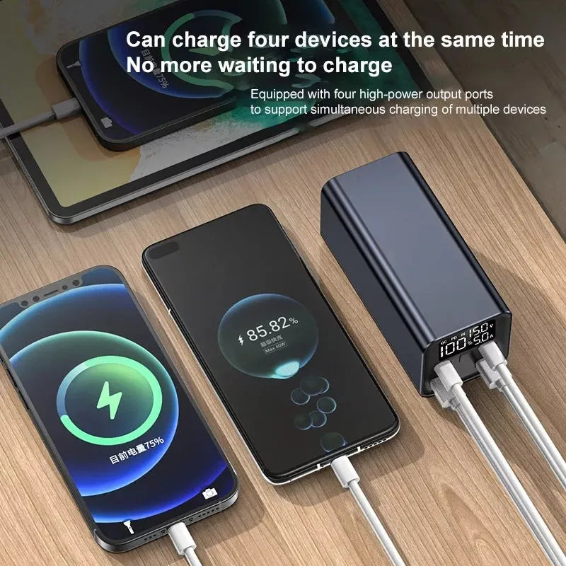 A black metal 65W laptop power bank with 20000mAh capacity, showing size compared to a hand.