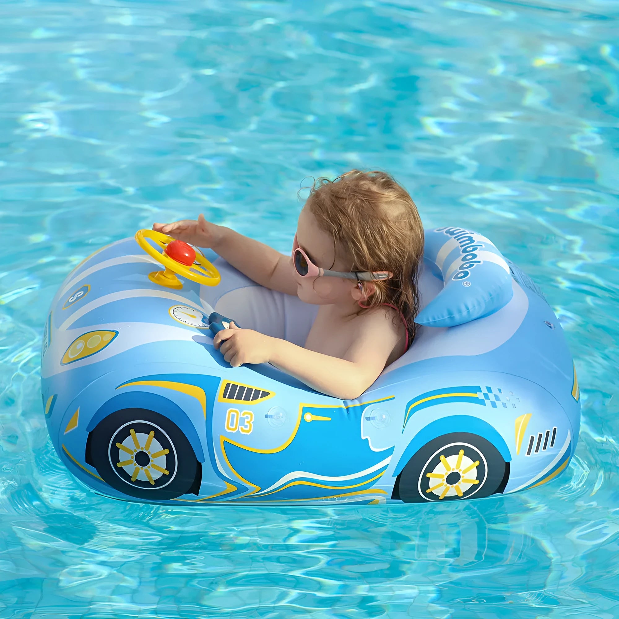 Pink children's inflatable swimming ring with mini steering wheel and sports car boats pattern
