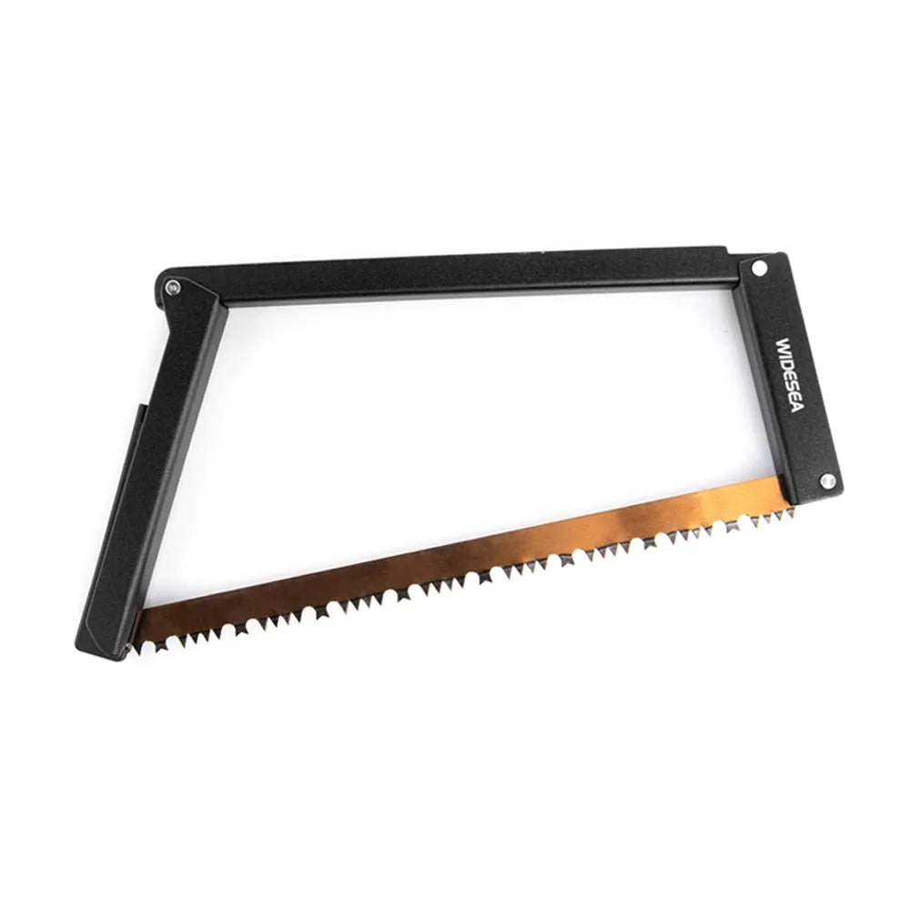 Black outdoor foldable survival saw with aluminium handle shown in open and closed positions.