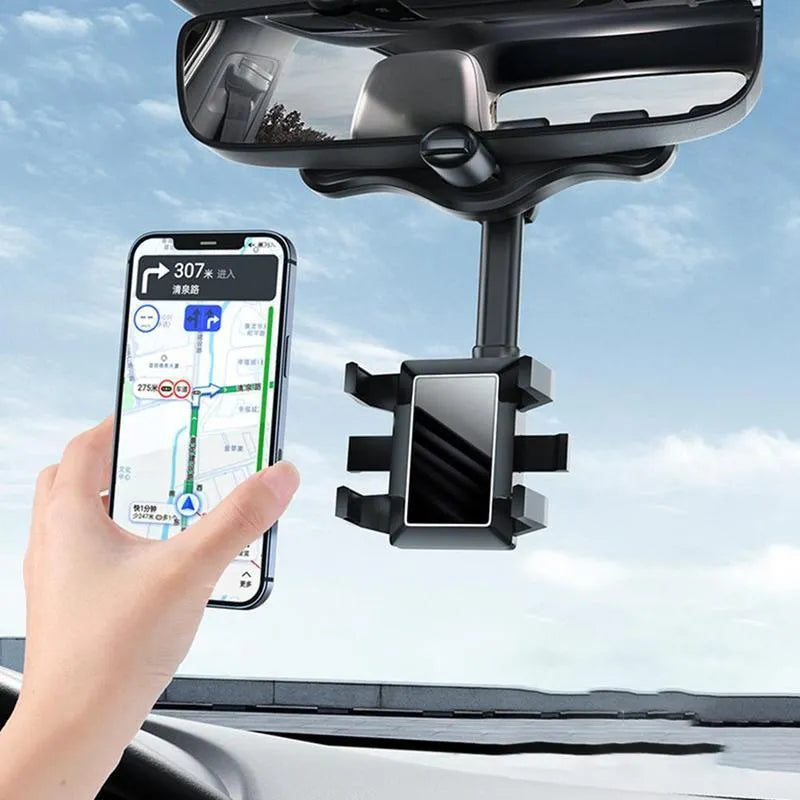Black rearview mirror car phone holder showing 360-degree rotation and telescopic arm extended.