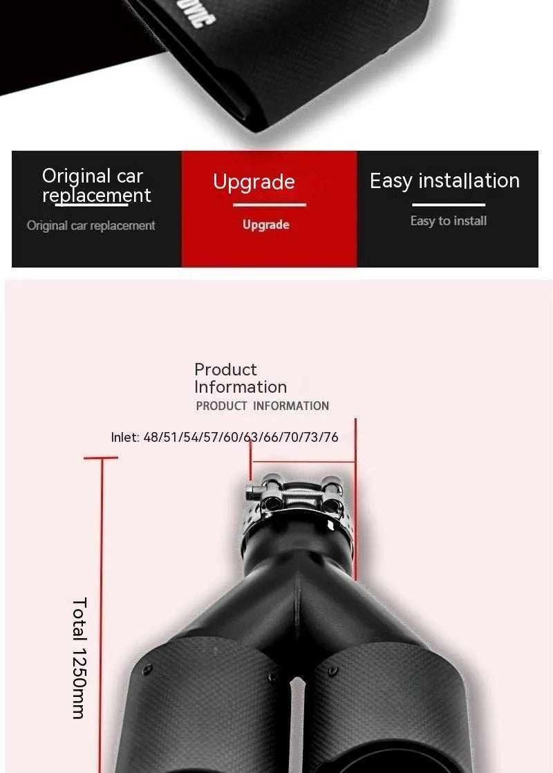 Black carbon fibre car exhaust pipe with dual outlet silencer, 250 mm long