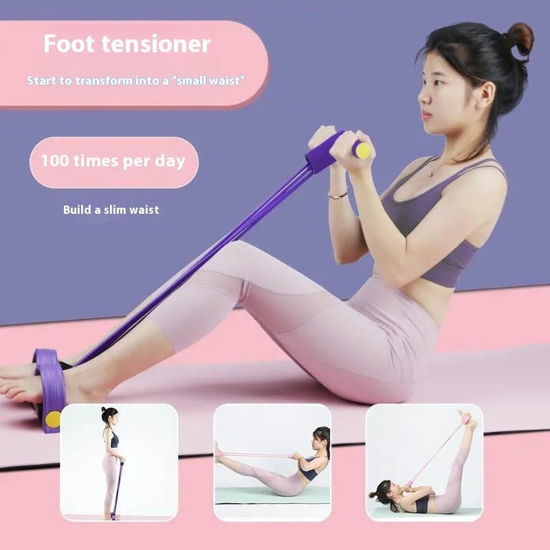 Yoga four piece fitness set showing leg stretcher, pedal resistance band, yoga ring, and figure-eight tension rope.