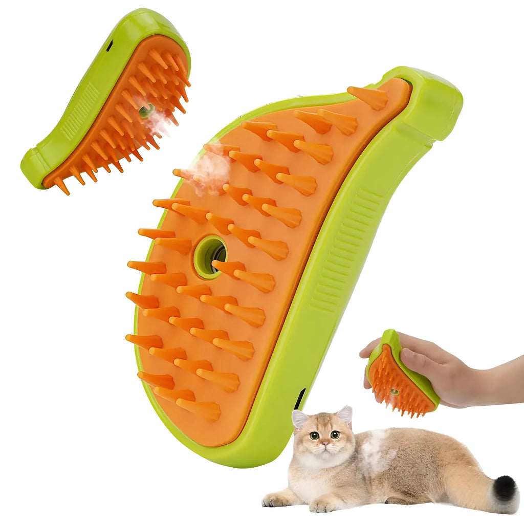 3-in-1 rechargeable pet steam brush for cats and dogs, green and yellow, with steamy spray and massage comb