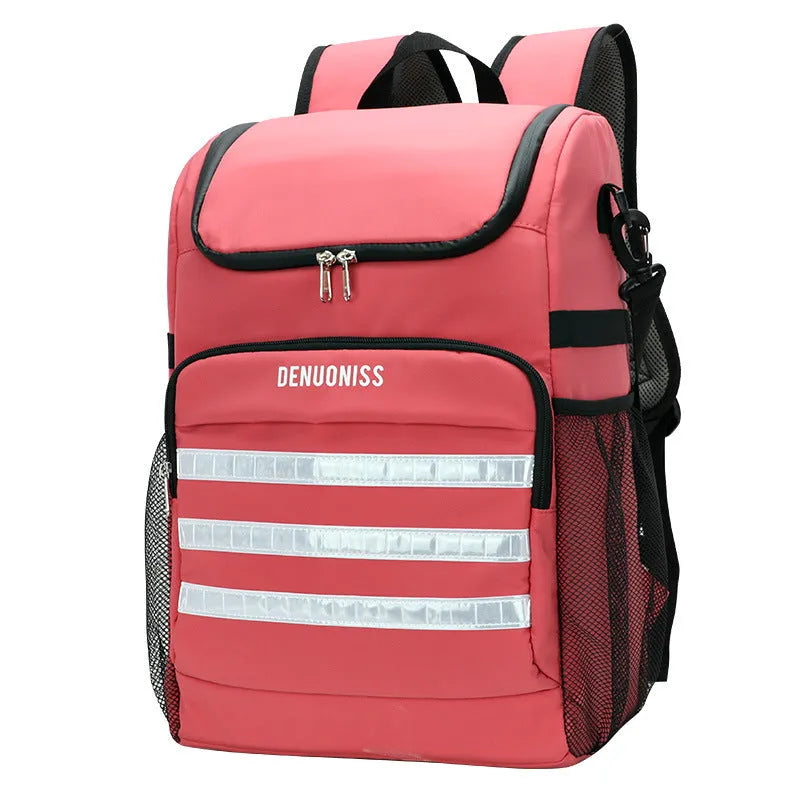 Insulated 20 litre backpack with a shoulder strap mounted bottle opener in black, blue, pink, or red.
