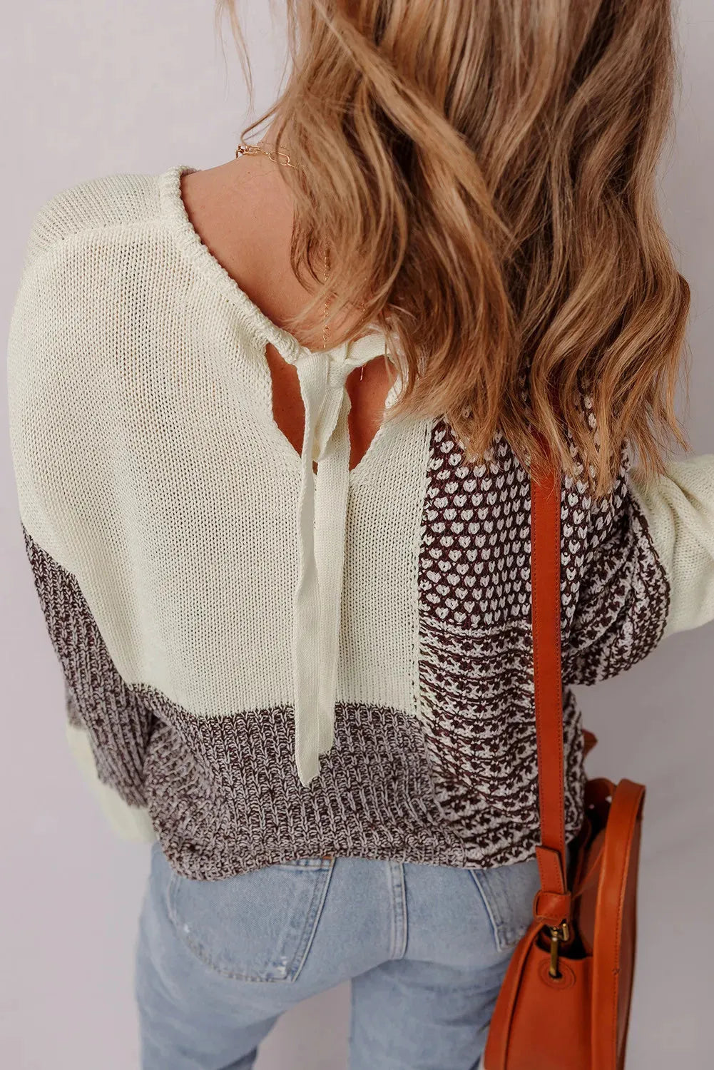 Dark khaki colour block loose sweater with drop shoulders and a back tie detail.
