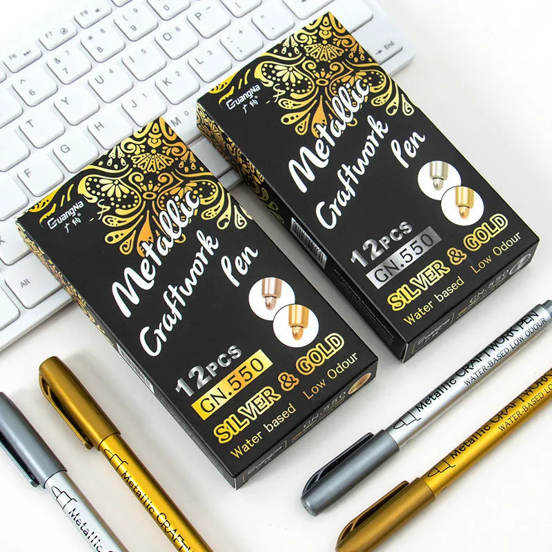 English Packaging metal paint pen with plastic shell, shown in gold and silver colour options.