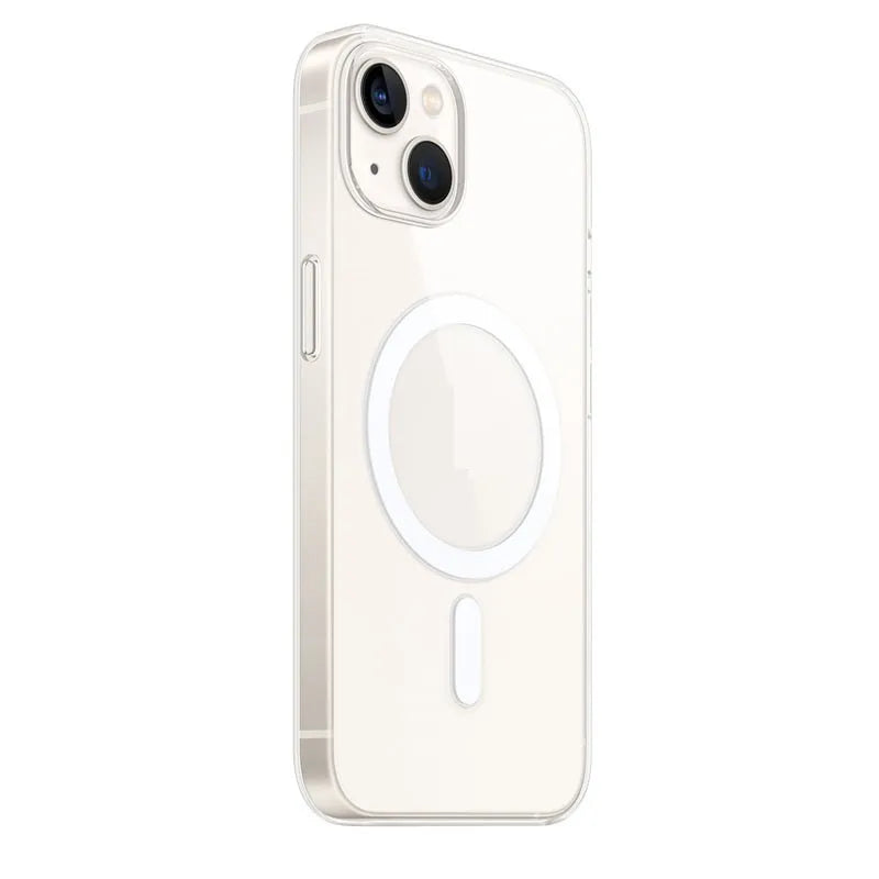 Transparent magnetic phone back cover for MagSafe compatible iPhones on a table.