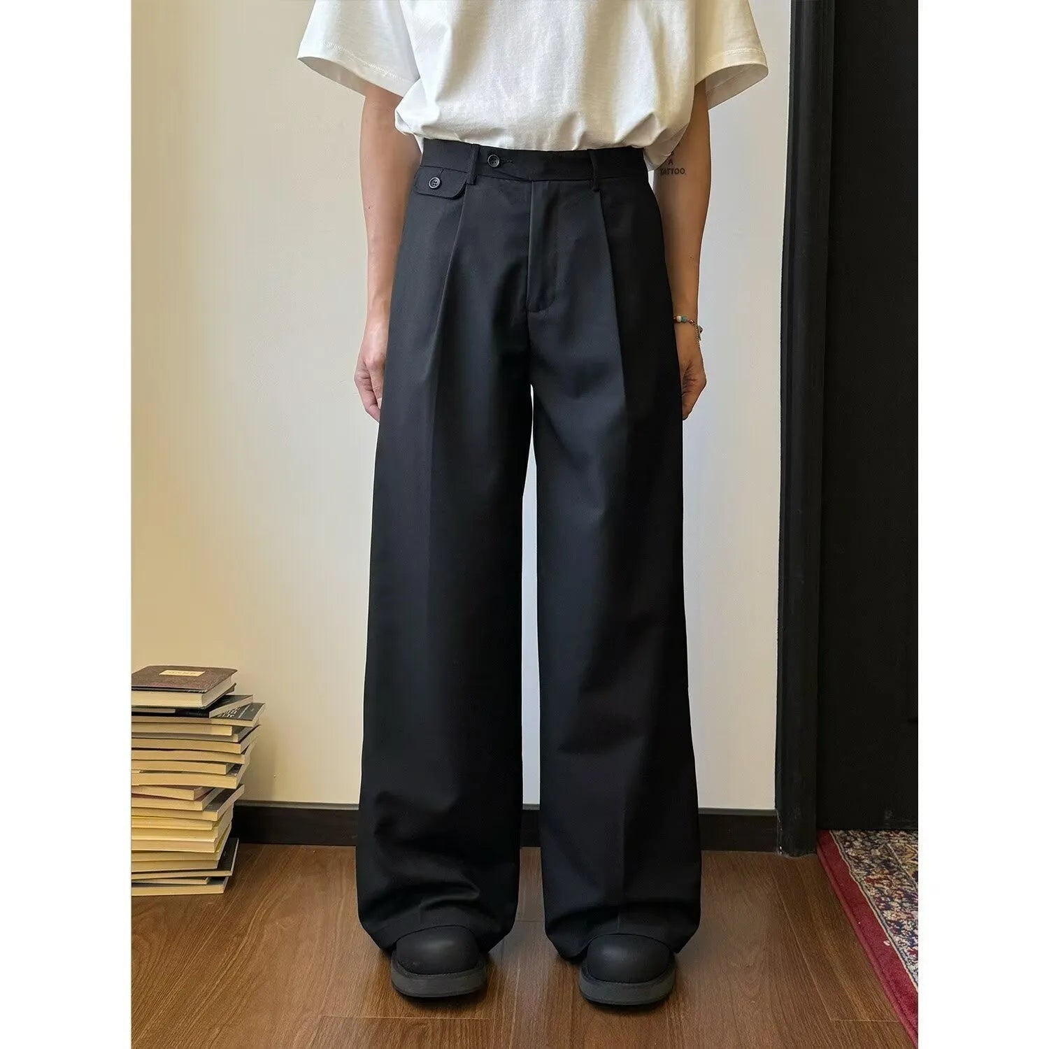 Men's brown straight-leg loose wide-leg suit pants made from chemical fibre blend polyester fabric