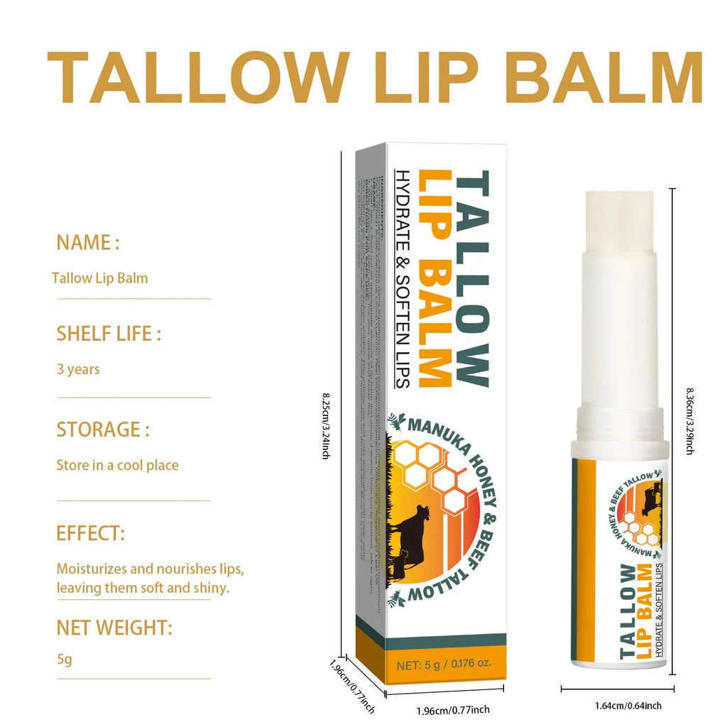 Tallow lip balm stick in a silver metal tin, showing 83mm length and 19mm square shape.