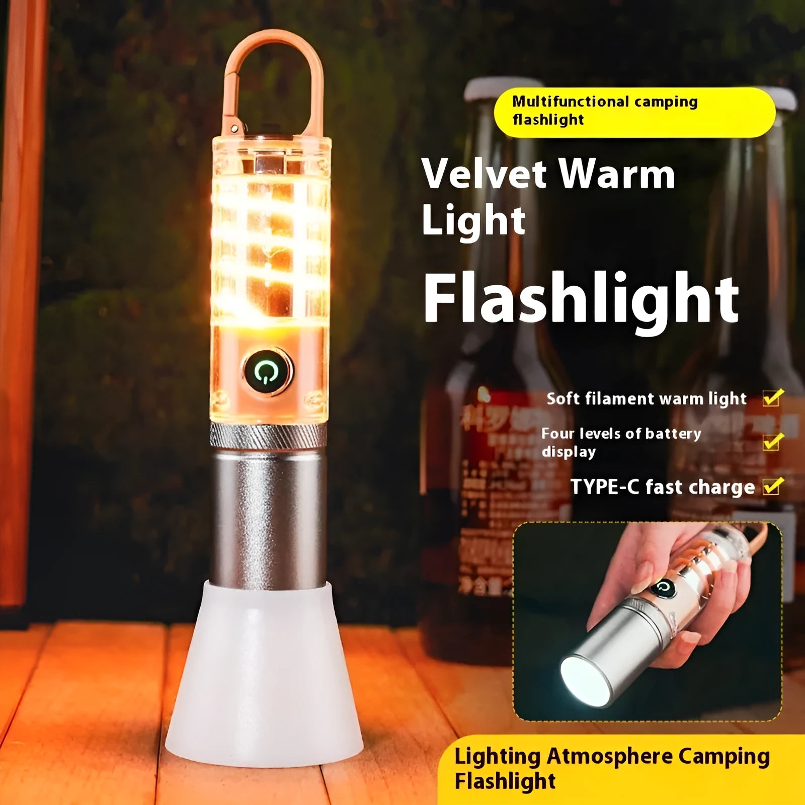 Orange and beige coloured multifunctional flashlight with keychain and optical zoom lens.
