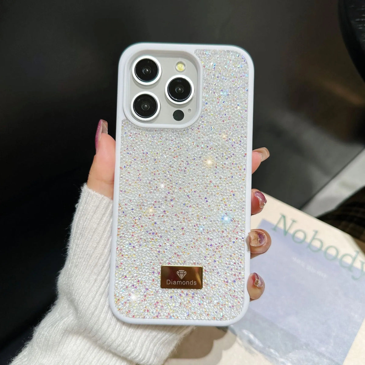 Luxury rhinestone full diamond graphene phone shell in black with frosted finish for iPhone models