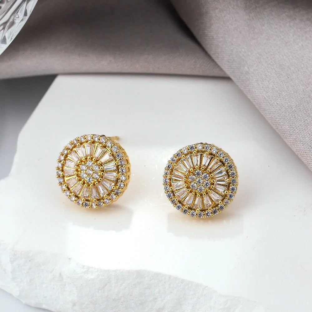 Geometric copper earrings with round pattern design in electroplated gold finish