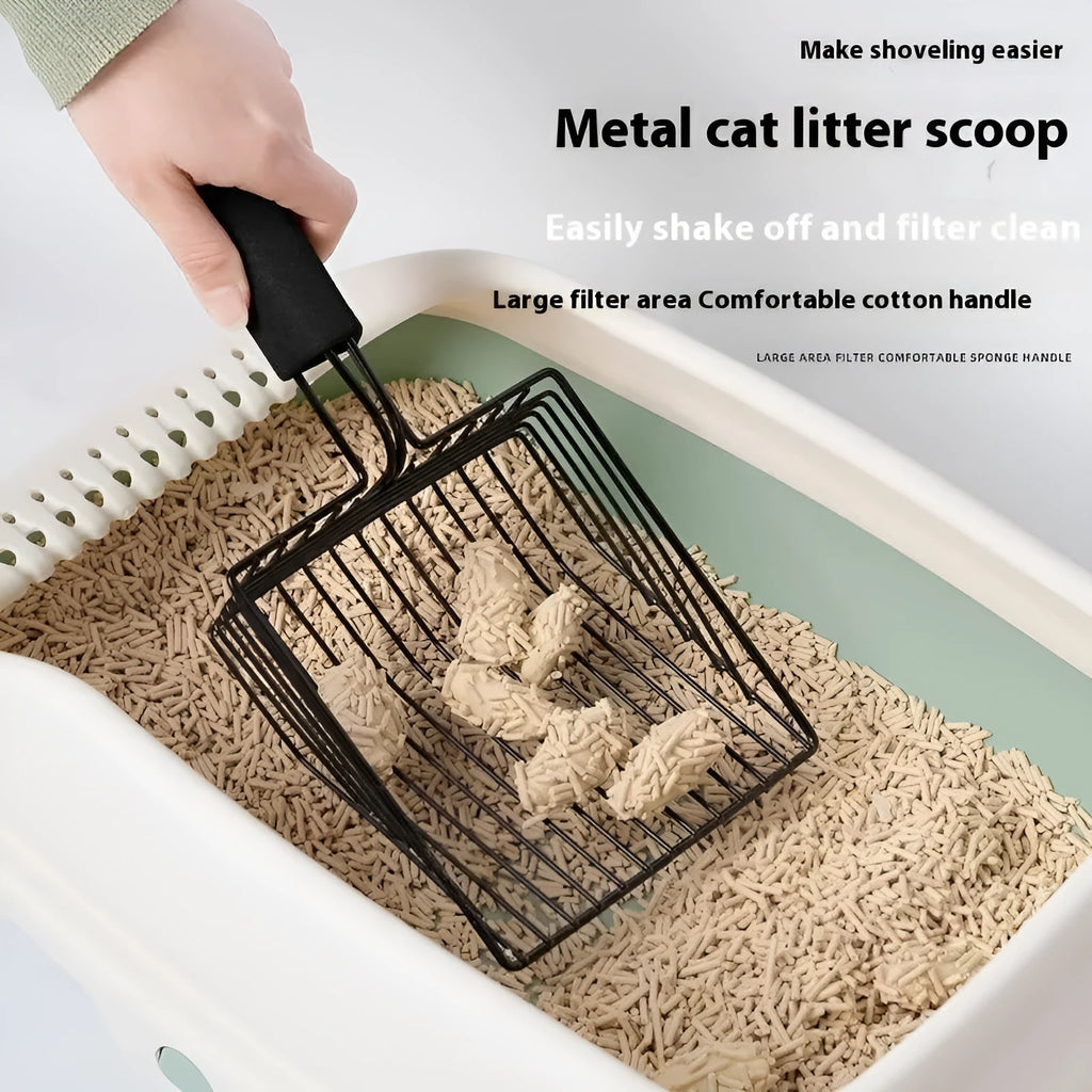 Black alloy metal cat litter scoop with narrow slots for cleaning clumping litter