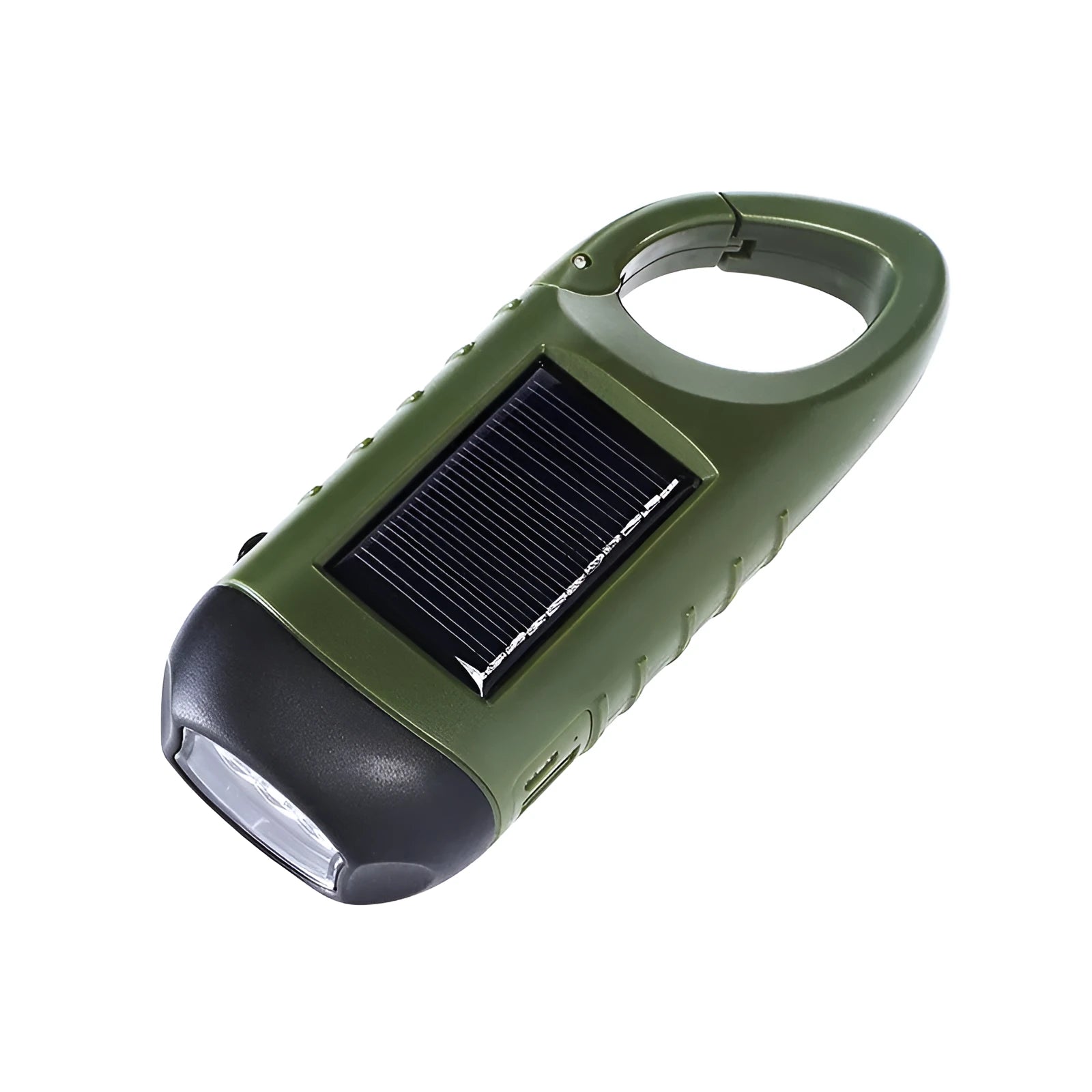 Outdoor hand-cranked solar USB charging emergency LED flashlight in olive green with 12x45x32mm dimensions