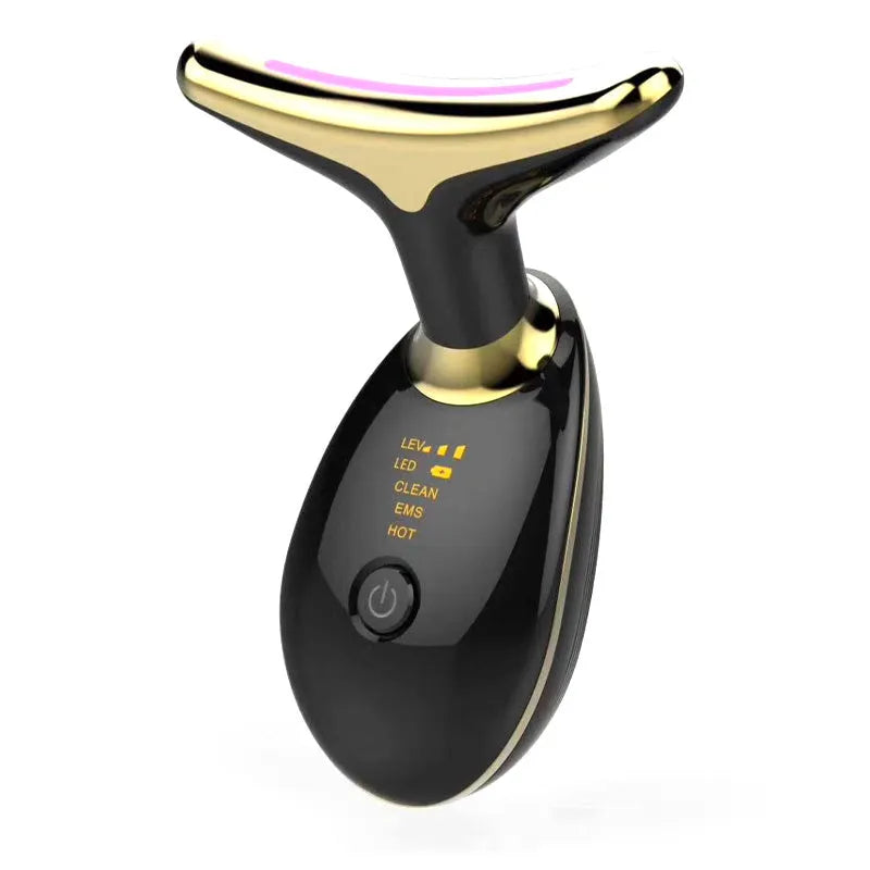 EMS thermal electric neck massager device with LED lights for wrinkle reduction and skin tightening.