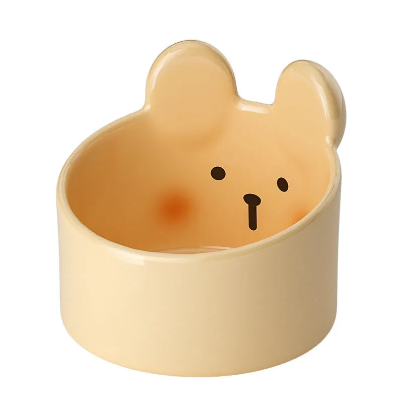 Ceramic pet feeding bowls with neck protection design in white and yellow colours