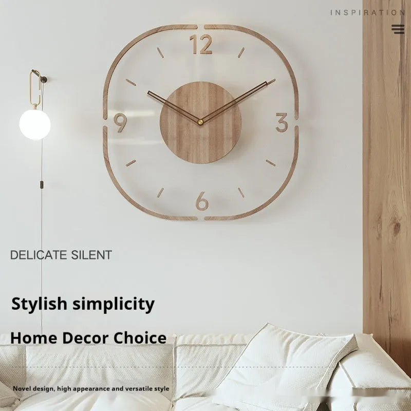 Modern transparent wooden wall clock showing both framed and frameless 35x35cm square designs