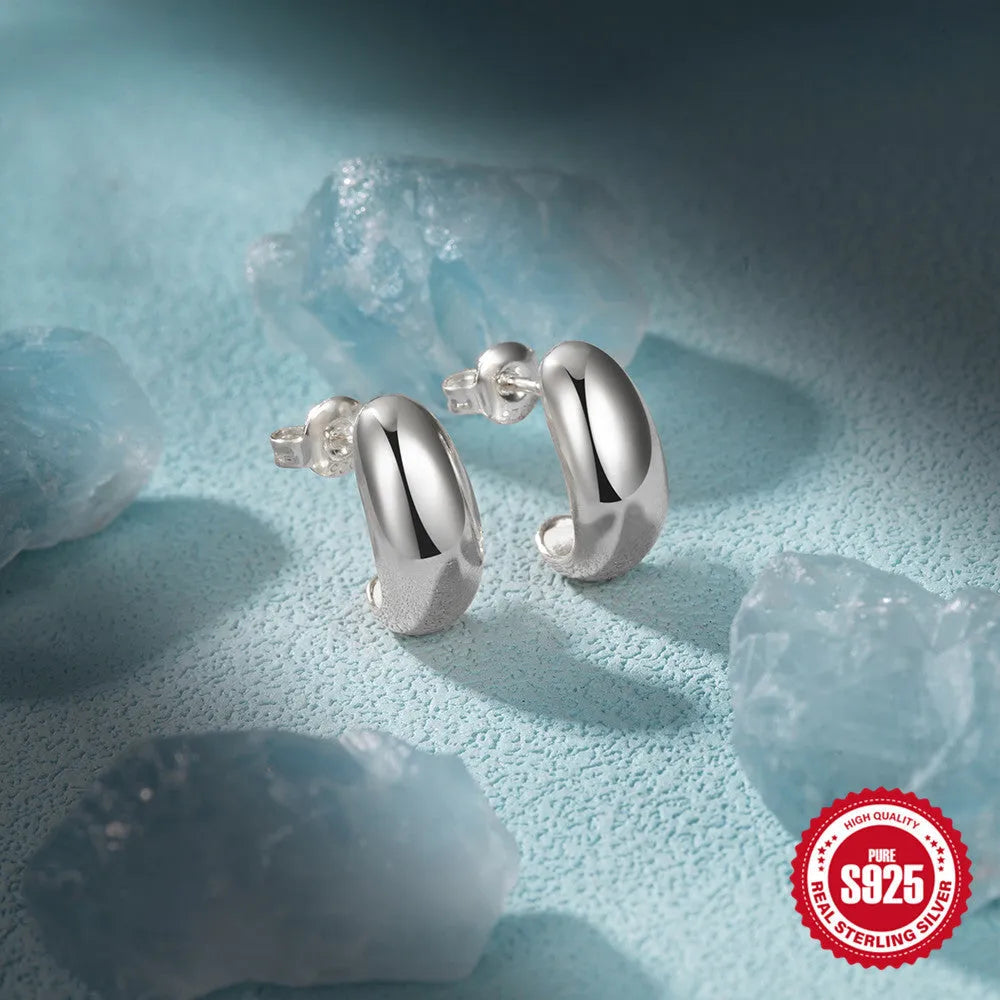 925 sterling silver C-shaped geometric ring stud earrings in gold or white gold finish