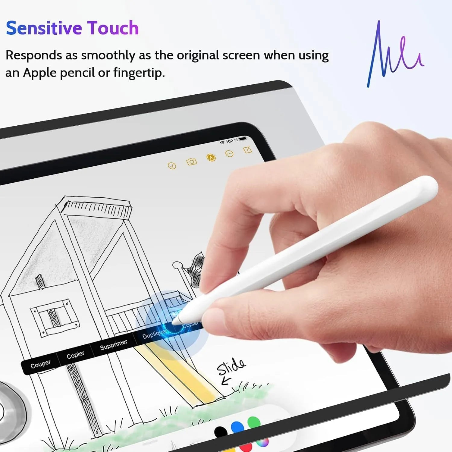 Magnetic anti peeping film for iPad with paper-like texture and a 360-degree storage clip on colour card packaging.