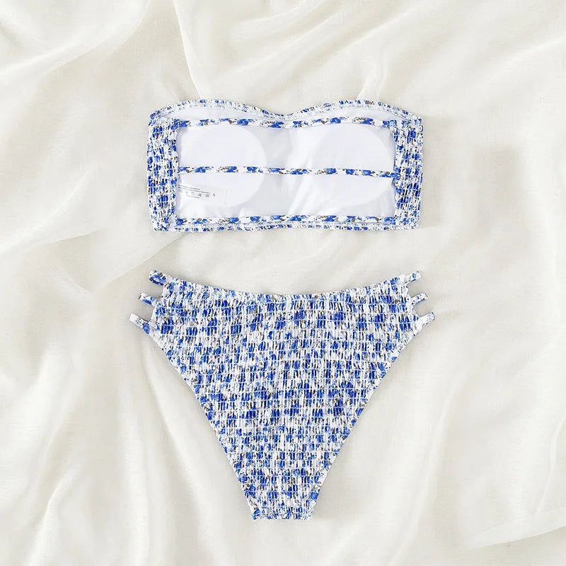 Women's strapless floral swimsuit with high-waisted briefs in multiple colour patterns