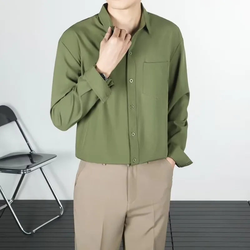 Korean-style loose long-sleeved men's linen-silk shirt in solid colour with wrinkle-free finish