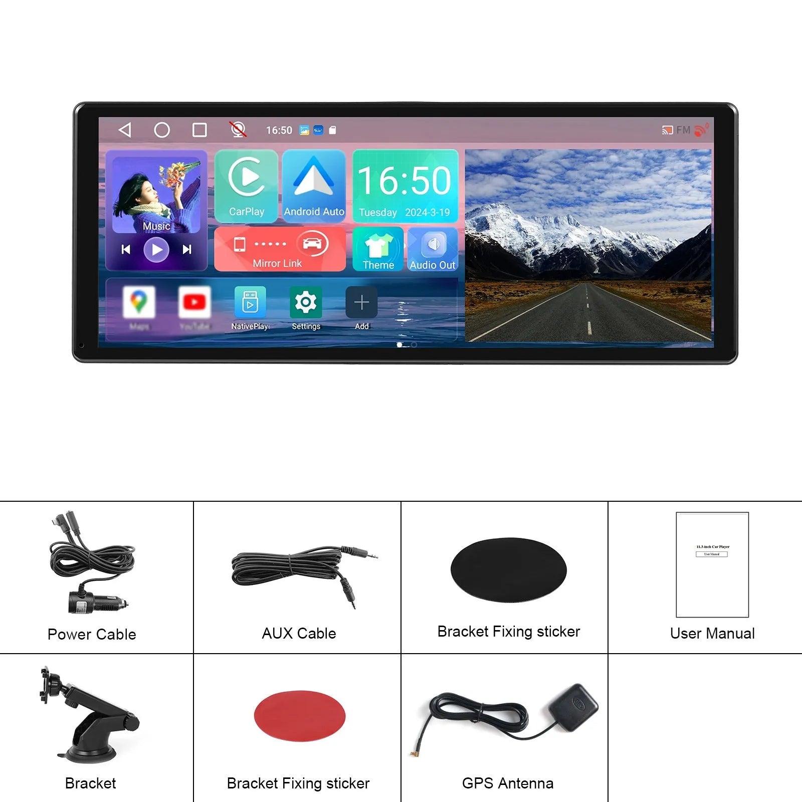 11.3-inch Android car display screen with touch interface shown on a car dashboard