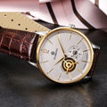 Automatic mechanical men's watch with circular dial, three hands, on steel bracelet and brown leather strap options.