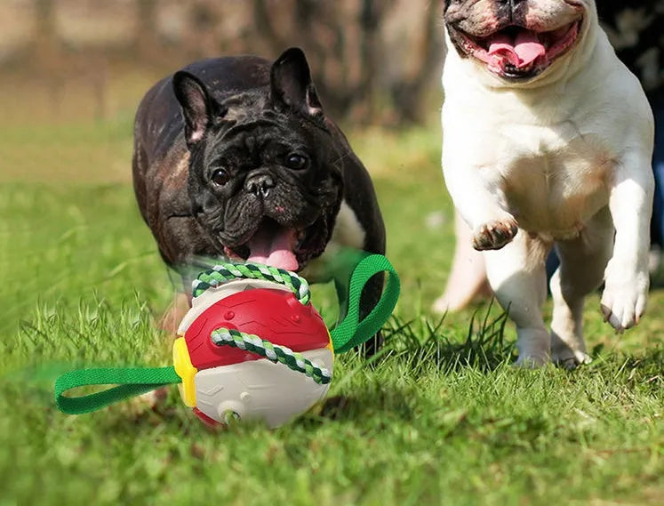 Interactive dog football soccer ball with tabs and cotton chew rope, 145.5mm sphere, flattening frisbee toy for outdoor training