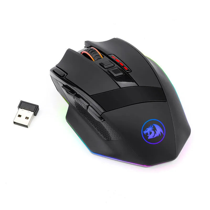 Redragon M801P black wireless gaming mouse with nine buttons and ergonomic right-handed design