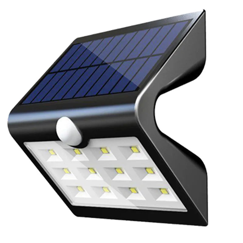 Black solar-powered outdoor wall light with motion sensor for garden and pathway lighting